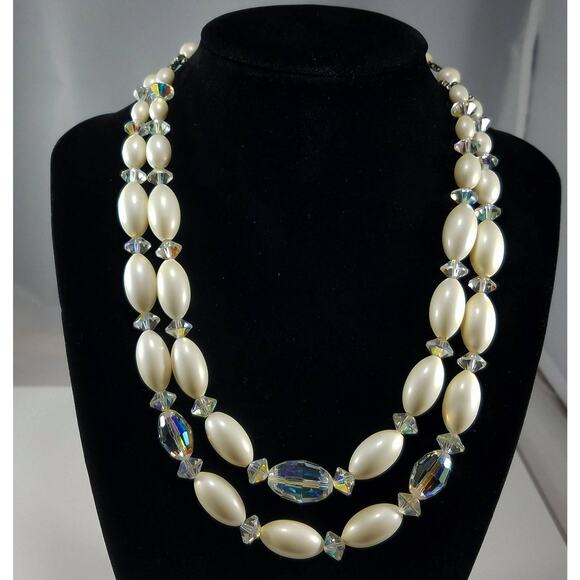 Vintage Austrian Crystal Necklace Double Strand Lucite Beads 1950s Wedding - Picture 4 of 10